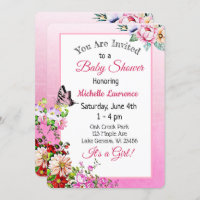 Pretty Floral Butterfly Girl's Baby Shower Invitation