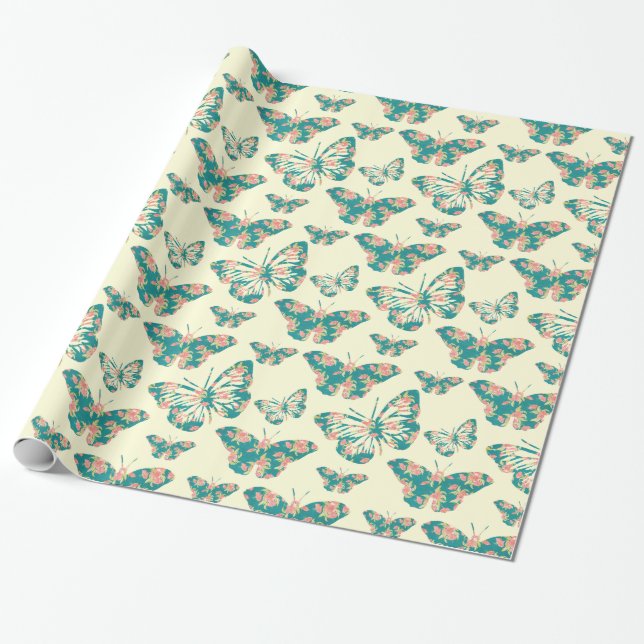 Pretty Floral Butterfly Pattern Wrapping Paper (Unrolled)