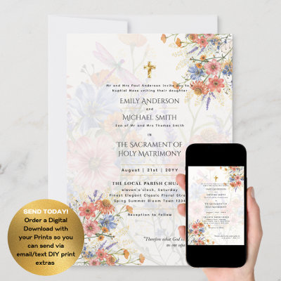 Pretty Floral  Catholic Nuptial Mass Wedding Invitation