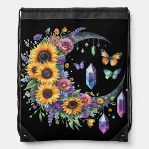 PRETTY FLORAL CELESTIAL HALF MOON WITH SUNFLOWERS DRAWSTRING BAG
