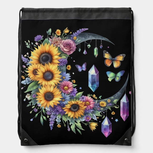 PRETTY FLORAL CELESTIAL HALF MOON WITH SUNFLOWERS DRAWSTRING BAG (Front)