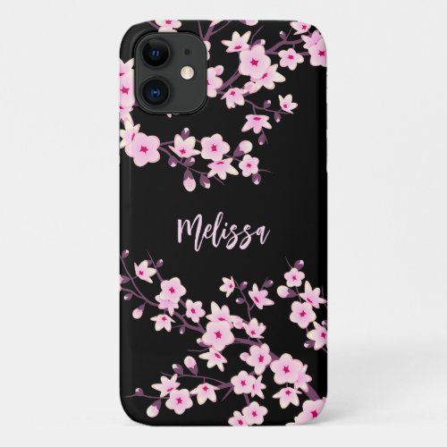 Pretty Floral Cherry Blossom Pink Black Monogram iPhone 11 Case