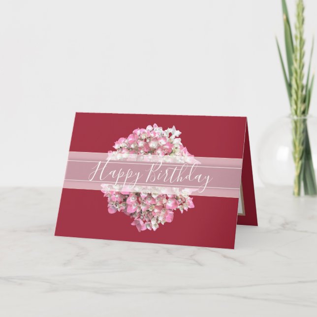 Pretty Floral Chic Hydrangea Flower Pink Birthday Card (Front)