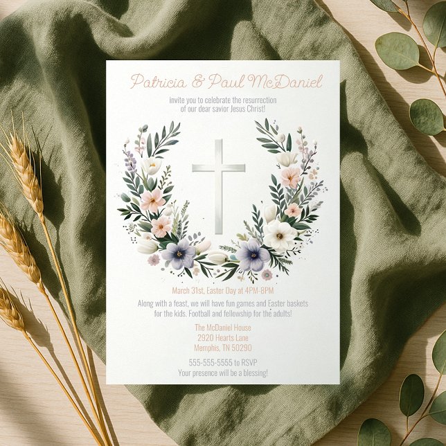 Pretty Floral Christianity Cross Easter Party  Invitation (Pretty Floral Christianity Cross Easter Party Invitation
)