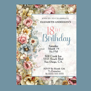 Pretty Floral Collage 18th Birthday Invitation