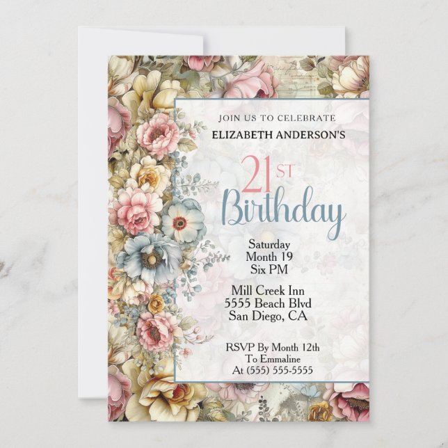 Pretty Floral Collage 21st Birthday Invitation (Front)