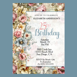 Pretty Floral Collage 25th Birthday Invitation