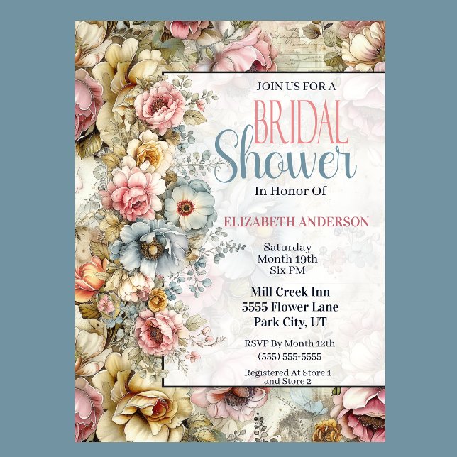 Pretty Floral Collage Bridal Shower Invitation (Vintage floral bridal shower invitation with watercolor flowers and romantic botanical design
)