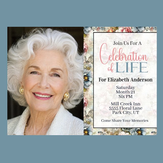 Pretty Floral Collage Celebration Of Life Invitation (Vintage floral celebration of life invitation with watercolor flowers and romantic botanical design
)