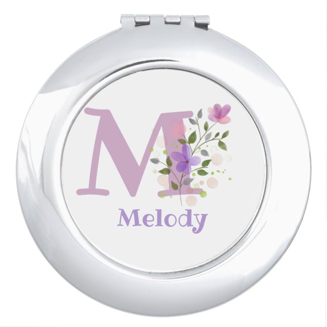 Pretty Floral Compact with Initial & Name Melody Mirror (Front)