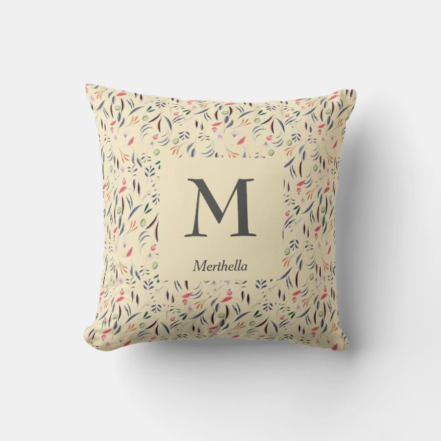 Pretty | FLORAL Cream | Personalized | MONOGRAM Throw Pillow (Front)