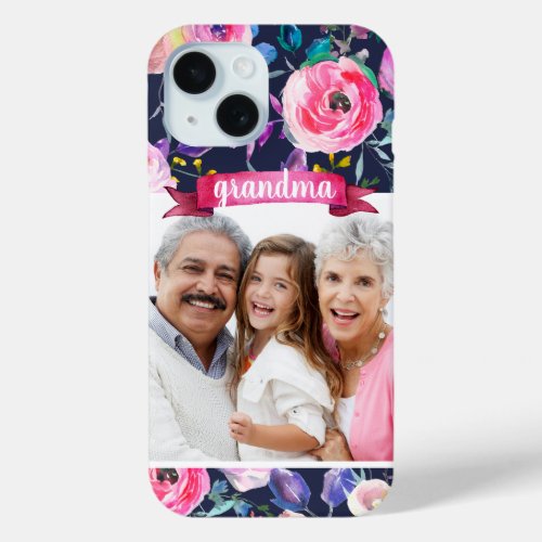 Pretty Floral Custom Photo Gift for Grandma iPhone 15 Case