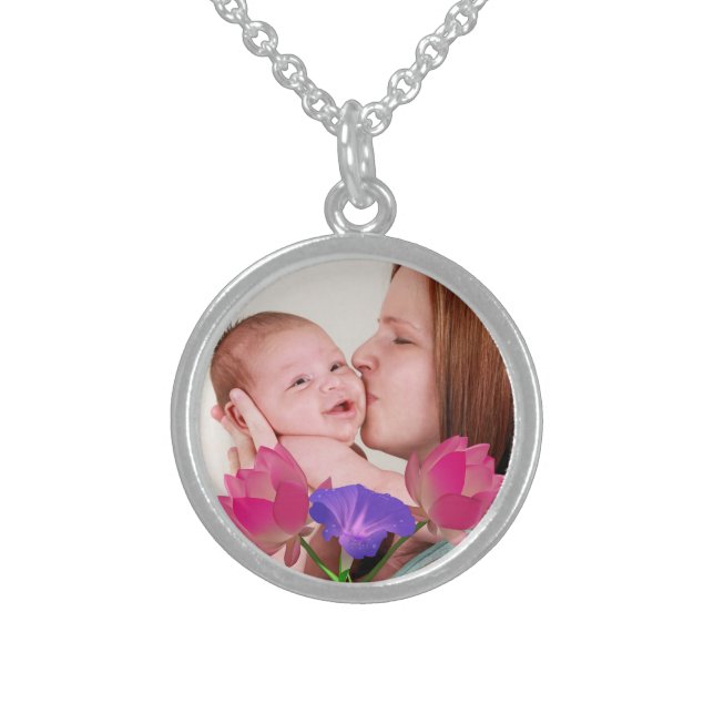 Pretty Floral Custom Photo Sterling Silver Necklace (Front)