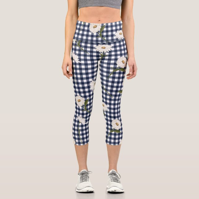 Pretty Floral Daisy Gingham Check Pattern Custom Capri Leggings (Front)