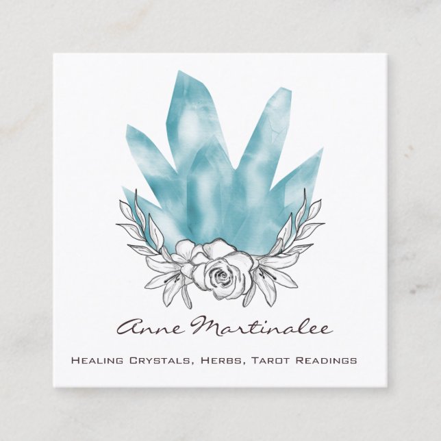 Pretty Floral Doodle Blue Crystals  Square Business Card (Front)