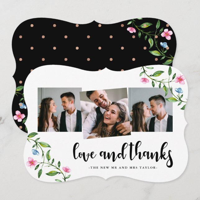 Pretty Floral Dots Wedding Thank You Photo Card (Front/Back)