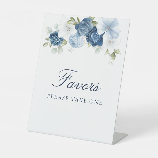 Pretty Floral Dusty Blue Bridal Shower Favors Pedestal Sign (Front)