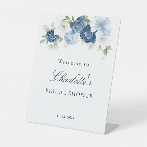 Pretty Floral Dusty Blue Bridal Shower Pedestal Sign