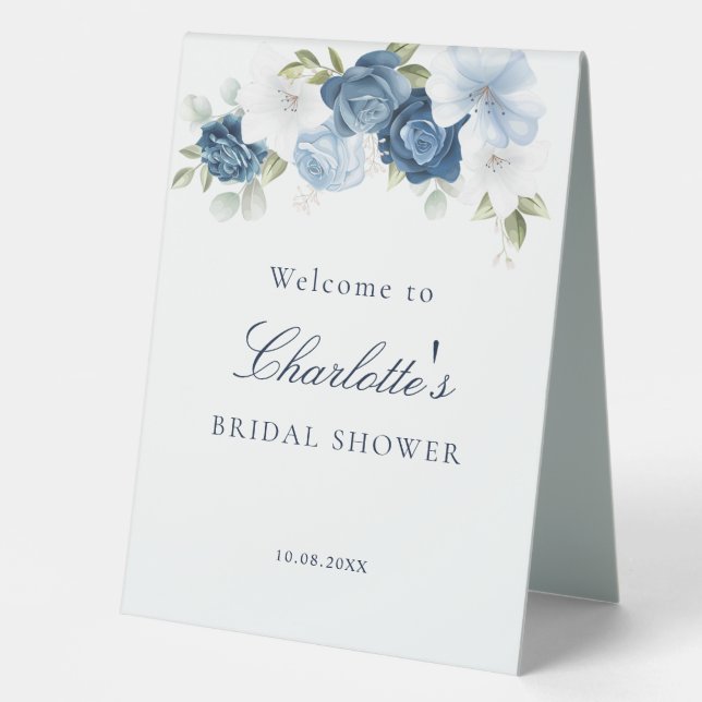 Pretty Floral Dusty Blue Bridal Shower Table Tent (Front)