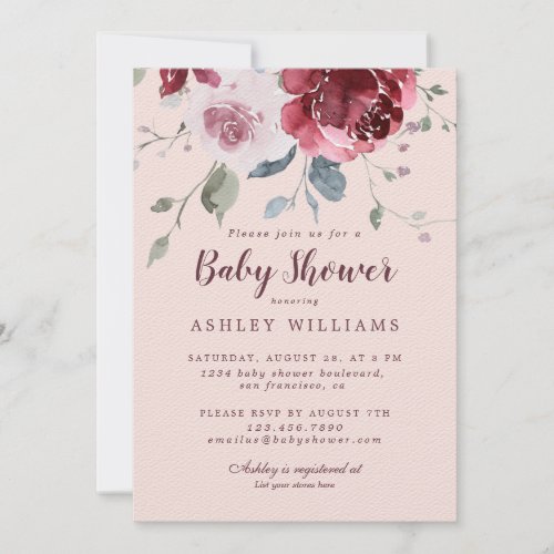 Pretty Floral Dusty Pink Rose Burgundy Baby Shower Invitation