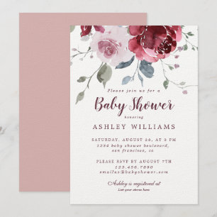 Pretty Floral Dusty Pink Rose Burgundy Baby Shower Invitation