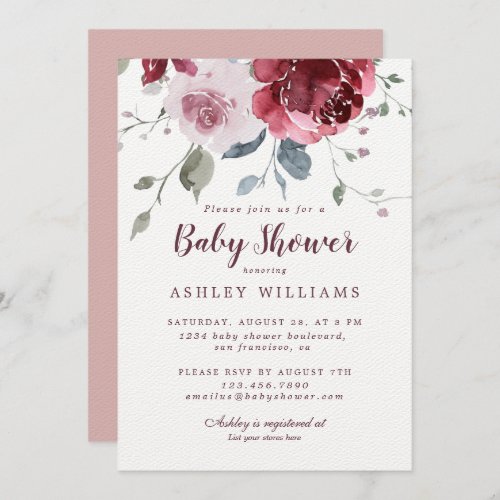 Pretty Floral Dusty Pink Rose Burgundy Baby Shower Invitation