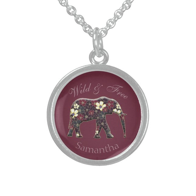 Pretty Floral Elephant Burgundy Personalised Sterling Silver Necklace (Front)