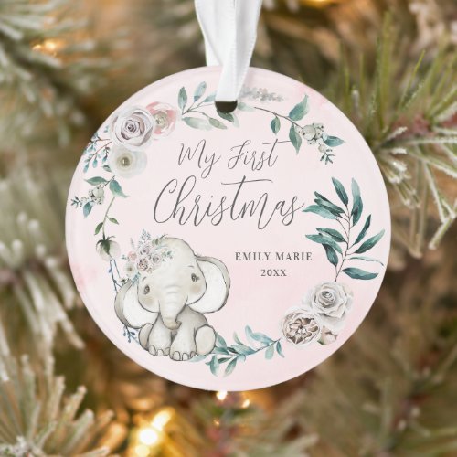 Pretty Floral Elephant Girl Baby 1st Christmas Ornament