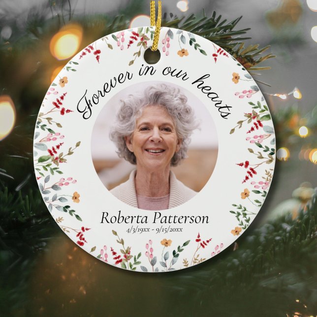 Pretty Floral Forever in Our Hearts Memorial Photo Ceramic Ornament (Creator Uploaded)