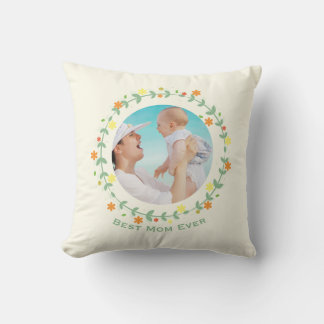 Pretty Floral Frame Custom Photo Best Mom Throw Pillow