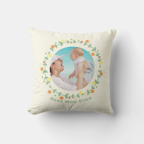 Pretty Floral Frame Custom Photo Best Mom Throw Pillow