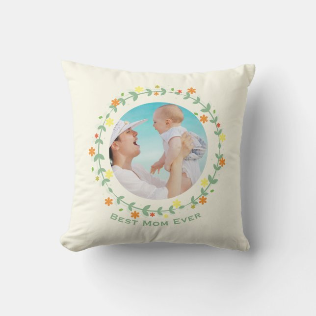 Pretty Floral Frame Custom Photo Best Mom Throw Pillow (Front)