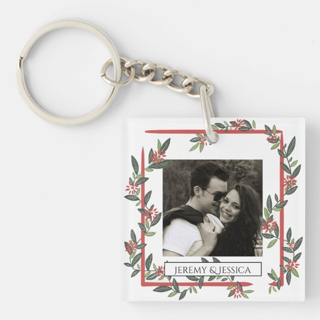 Pretty Floral Frame Custom Photo Personalised Keychain (Front)