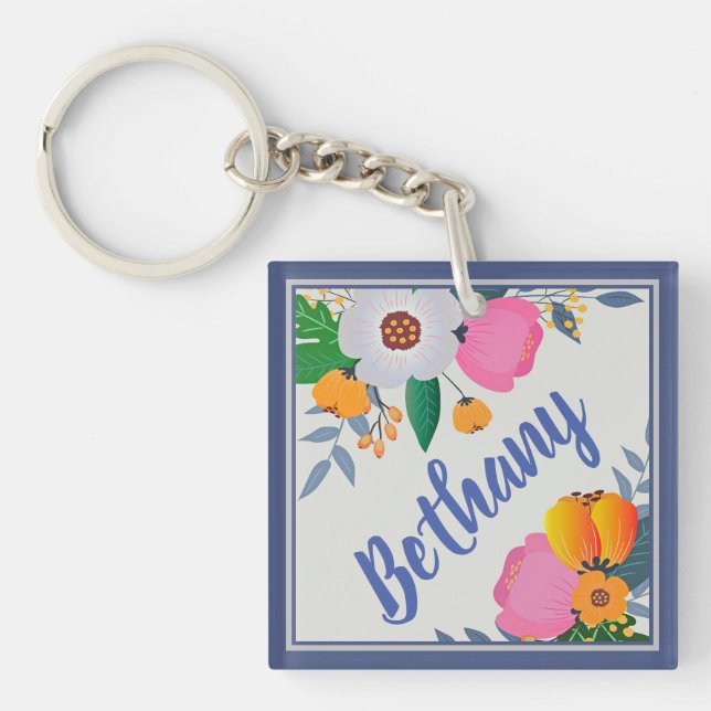 Pretty Floral Frame Personalised Keychain (Front)