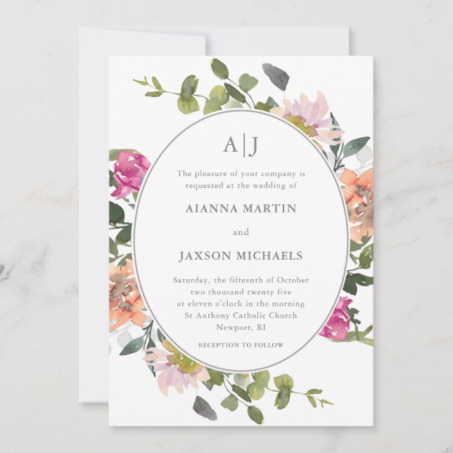 Pretty Floral Frame with Greenery Wedding Invitation (Front)