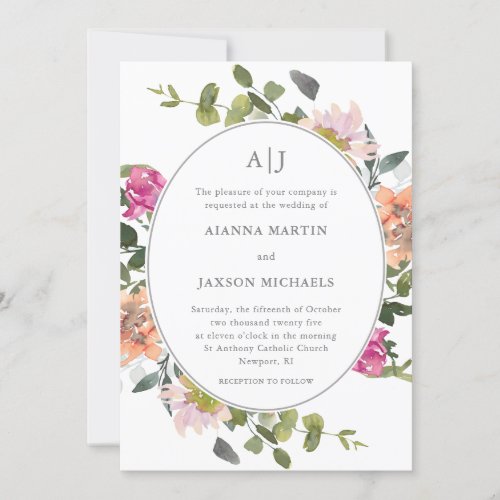 Pretty Floral Frame with Greenery Wedding Invitation