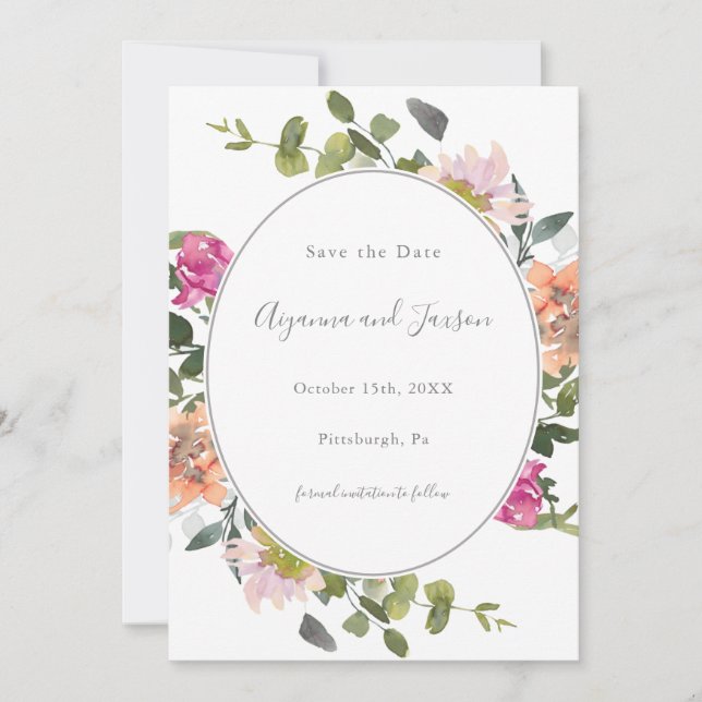 Pretty Floral Frame with Greenery Wedding Save The Date (Front)