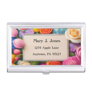 Pretty Floral Framed Roses Tulips Hydrangea Business Card Case