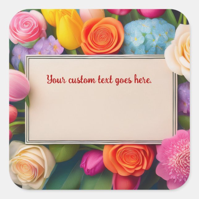 Pretty Floral Framed Roses Tulips Hydrangea Custom Square Sticker (Front)