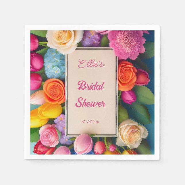 Pretty Floral Framed Roses Tulips Hydrangea Event  Napkins (Front)
