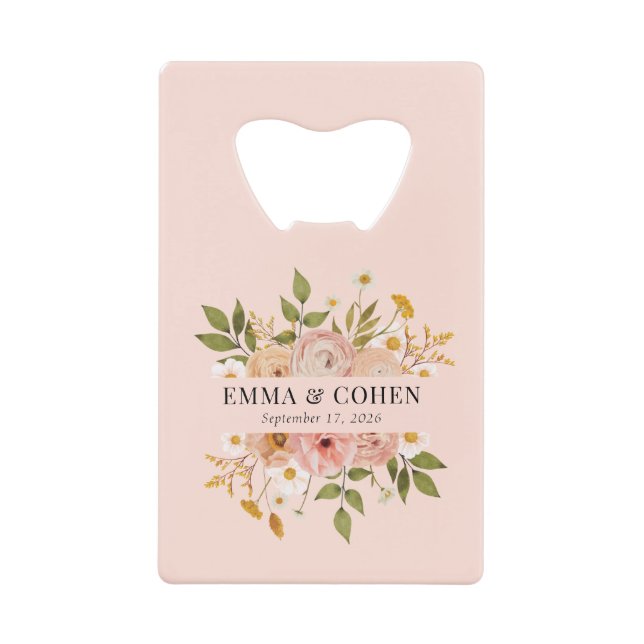 Pretty floral garden wedding favor credit card bottle opener (Front)