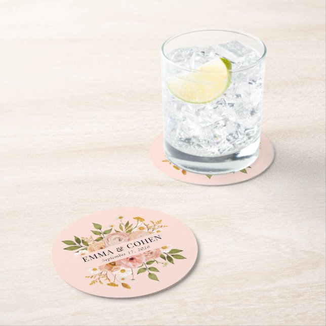 Pretty floral garden wedding favor round paper coaster (Insitu)