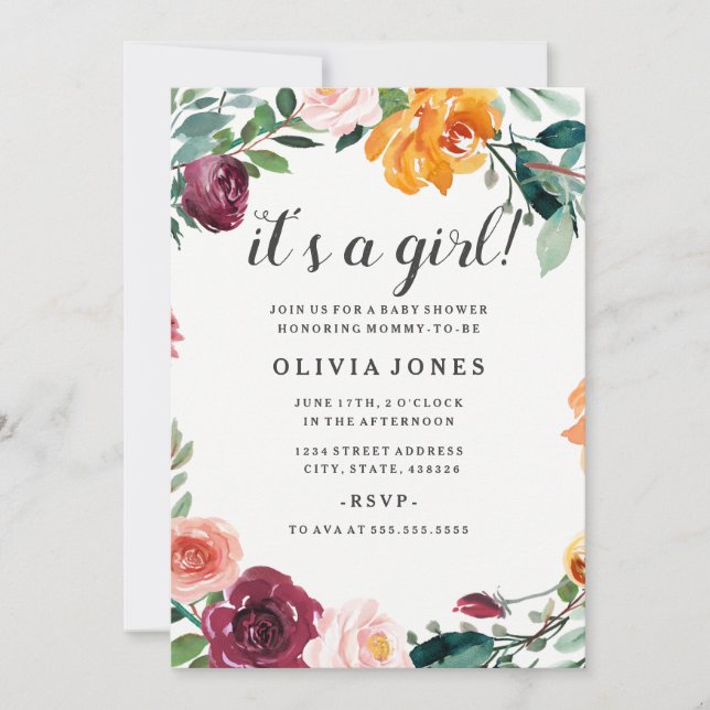 Pretty Floral Girl Baby Shower Invitation (Front)