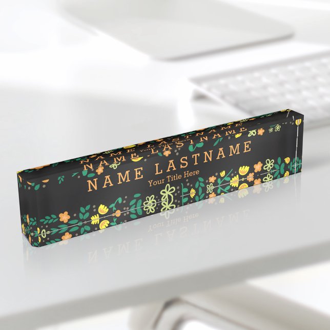 Pretty Floral Girly Custom Black Desk Nameplate (Creator Uploaded)