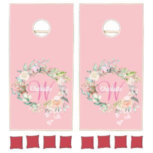 Pretty Floral Girly Rose Gold Script Monogram Cornhole Set
