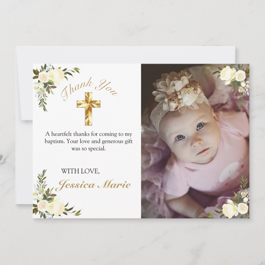 Pretty Floral Gold Cross Baptism Photo Thank You | Zazzle