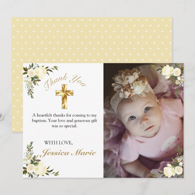 Pretty Floral Gold Cross Baptism Photo Thank You Card (Front/Back)
