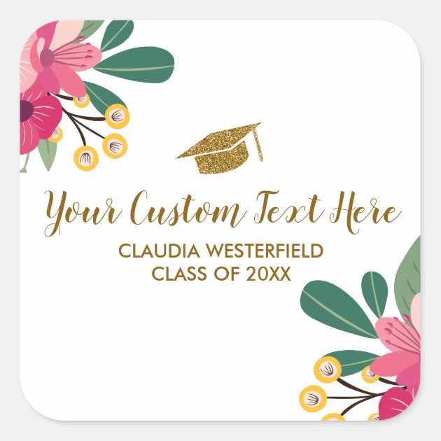 Pretty Floral Gold Graduation Cap Custom Square Sticker