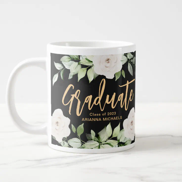 Pretty Floral Graduate Script 2023 Two Sided Black Giant Coffee Mug