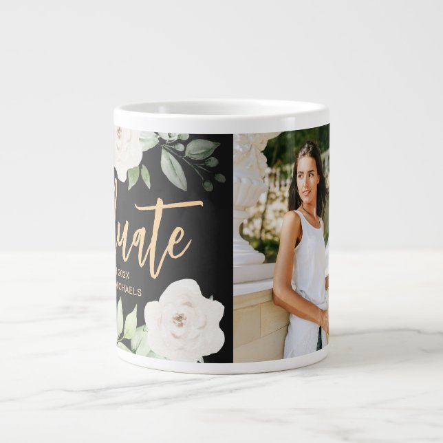 Pretty Floral Graduate Script Photo Black Giant Coffee Mug (Front)